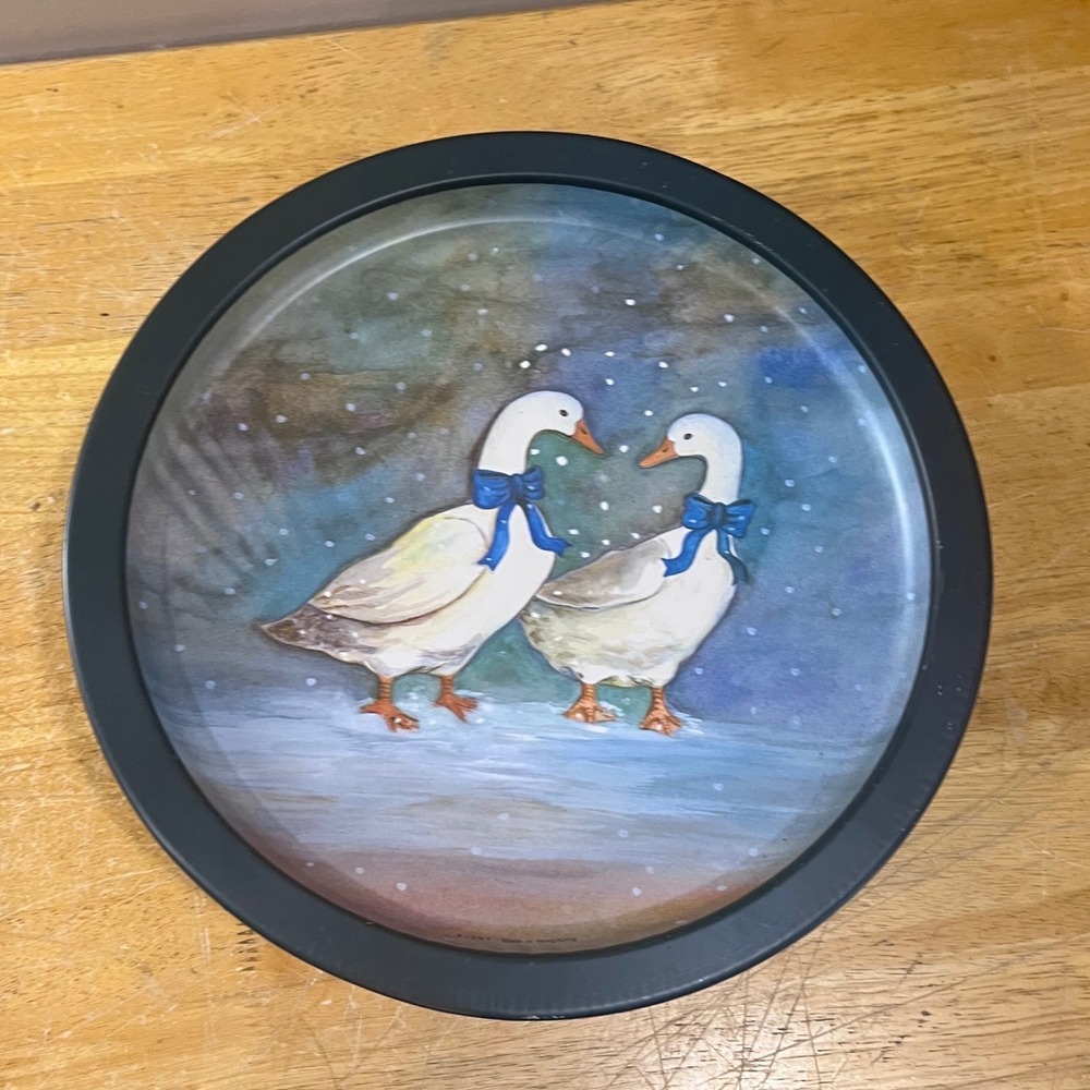 Vtg JSNY Round Metal Tin Serving Tray Geese Blue Bows Winter Snow Country 12.75"